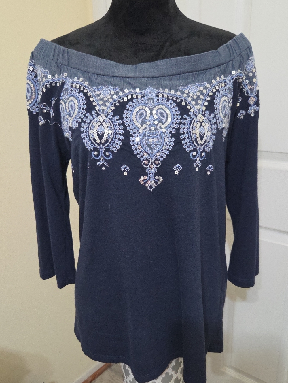 Chico's Women's Boho Off-Shoulder Embellished Navy Cotton/Viscose Top-Size Large